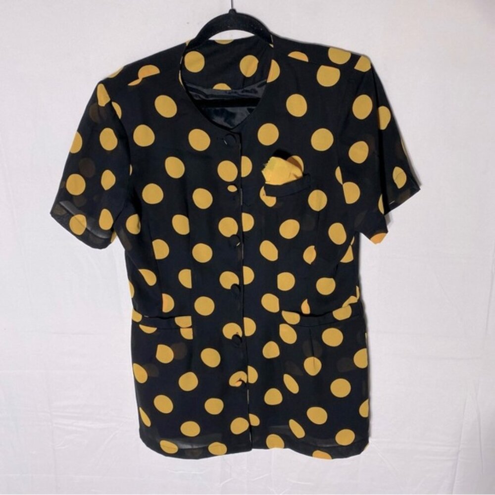 Vintage Black Yellow Polkadot Short Sleeve Button Front Polyester Blouse L